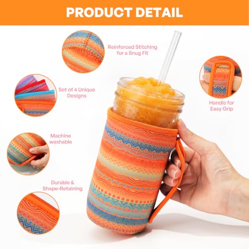 KJQJLY 4 Pcs Mason Jars Sleeves Neoprene 16oz and 24oz 32oz Regular and Wide Mouth Mason Jar Sleeves Holder with Handle (Desert Sunset, 24 OZ) - color: Desert Sunset, size: 24 OZ