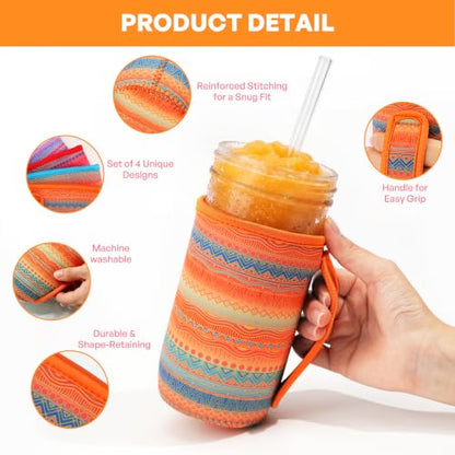 KJQJLY 4 Pcs Mason Jars Sleeves Neoprene 16oz and 24oz 32oz Regular and Wide Mouth Mason Jar Sleeves Holder with Handle (Desert Sunset, 24 OZ) - color: Desert Sunset, size: 24 OZ