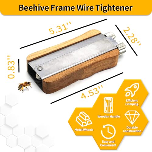 Apiculture Tensioner Crimper with Bee Frame Wire, 304 Stainless Steel Wire Honeycomb Frame Holding Tool (Metal Wheels and Wooden Handle, 200 Brass Honeycomb Frame end Holes)