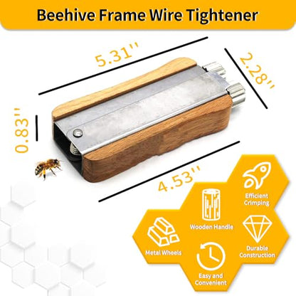 Apiculture Tensioner Crimper with Bee Frame Wire, 304 Stainless Steel Wire Honeycomb Frame Holding Tool (Metal Wheels and Wooden Handle, 200 Brass Honeycomb Frame end Holes)