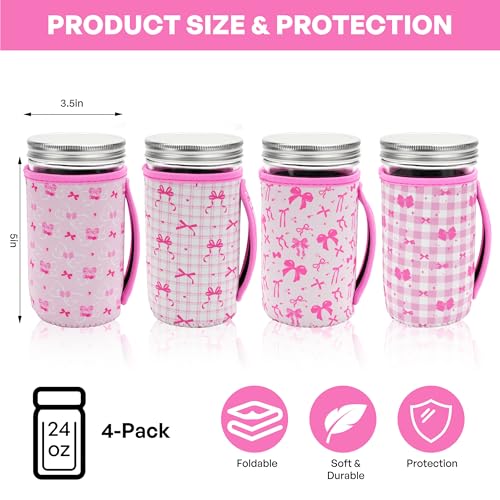 KJQJLY 4 Pcs Mason Jars Sleeves Neoprene 24oz Regular and Wide Mouth Mason Jar Sleeves Holder with Handle (Bows, 24 OZ) - color: Bows, size: 24 OZ
