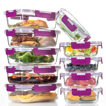 C CREST 10 Pack Meal Prep Glass Containers with Locking Lids - 5x 32oz + 5x 12oz - Ideal for Food Storage - color: PLUM