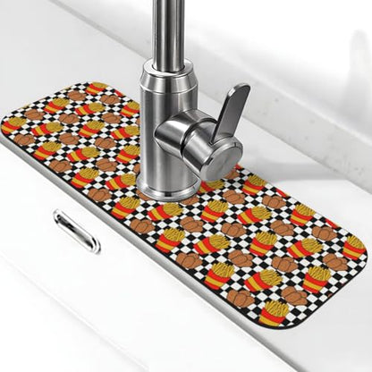 Fries Chicken Nuggets Black White Checkerboard Faucet Mat For Kitchen Sink, Absorbent Countertop Protector, Quick Dry Sink Splash Guard Pad, Waterproof Draining Mat 15" X 5.5" - color: Style 2