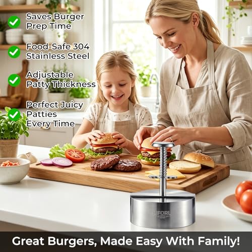 UFORU 4.5 Inch Burger Press,304 Stainless Steel Hamburger Patty Maker,Heavy Duty Non-Stick Patty Press,Spring Back Design,Dishwasher Safe Burger Maker for Smash Burgers Ground Beef,BBQ,Kitchen - size: 4.5inch