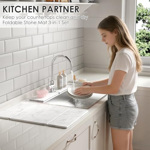3 PCS Large Stone Dish Drying Mat for Kitchen Counter -24"x16" Absorbent Diatomaceous Earth Mat with Stone Faucet Mat & Soap Tray - Quick Dry, Collapsible, Non-Slip Countertop Organizer - color: Gray Marble