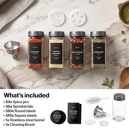EDELHAUS Glass Spice Jars with Label, 24x Space Gray Stainless Steel Lids | Airtight lids keep spices fresh; use as a spice organizer, seasoning containers or 4 oz jar set; funnel, brush & 240 labels - color: Space Gray Stainless Steel Lid
