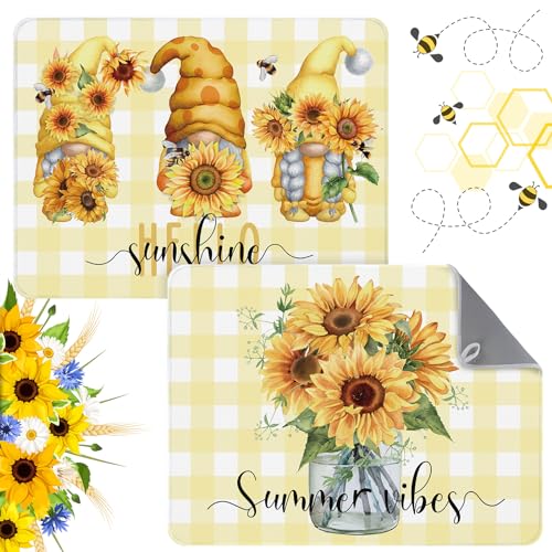 SiliFine 2 Pcs Sunflower Dish Drying Mat for Kitchen, Summer Absorbent Microfiber Dish Mat Counter Sunflower Gnome 18 x 24 Inch Dish Draining Mat Dish Drying Pad Reusable Washable Mat - style: Sunflower