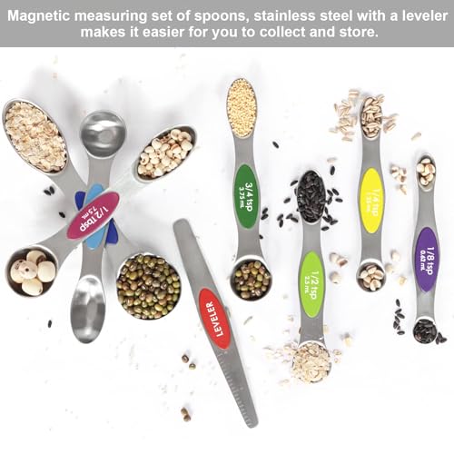 Multicolor Magnetic Measuring Spoons Set with Leveler | 7Pack, Stainless Steel, Stackable, Fits Spice Jars - For Baking Kitchen Gadgets Apartment Essentials Fits - color: Multicolor