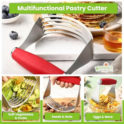 Spring Chef XL Stainless Steel Pastry Cutter Tool for Baking - Heavy Duty Dough Blender - Butter & Dough Cutter Tool with Sharp Blades - Pastry Blender for Easy Mixing - Dishwasher Safe - Red | Heavy Duty Dough Mixer with Stainless Steel Blades, Butter Cu