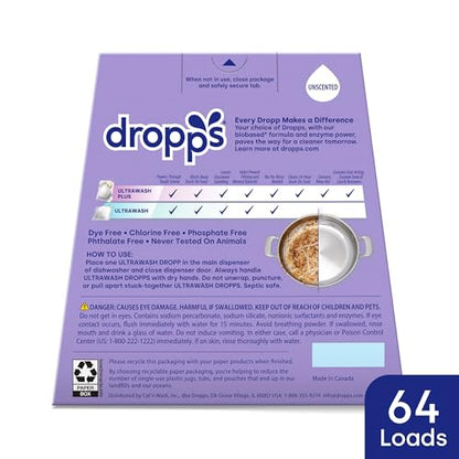 Dropps UltraWash Plus Dishwasher Detergent Pods, Unscented (64 Ct) Free & Clear | Triple Action | Built In Rinse Aid | Cuts Grease & Stuck-On Food | Sparkling Dishes | Residue-Free | Clean Ingredients