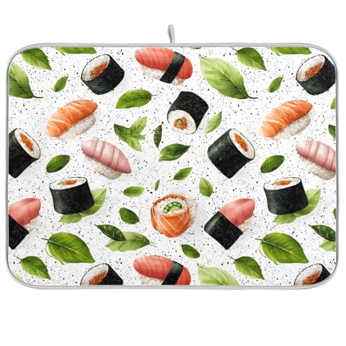 Dish Drying Mat for Kitchen Counter Sushi Green Leaves Absorbent Drying Dish Mat 16×18 inch Dish Rack Pad Coffee Mat for Sink Dishes Under Rack - color: multicolored.16, size: 16x18in