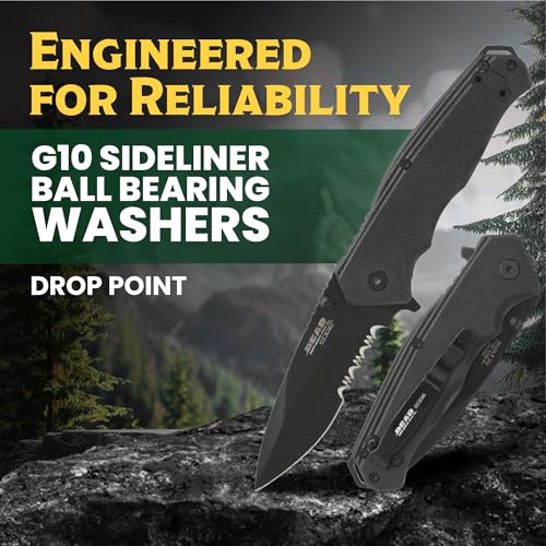 BEAR & SON - Manual Drop Point Folding Knife - 2 7/8" 440 Stainless Steel Blade with G10 Handle & Ball Bearing Washers - Men'sTactical EDC Pocket Knife - Sharp Utility Hunting Camping Gear - Serrated