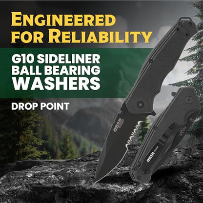 BEAR & SON - Manual Drop Point Folding Knife - 2 7/8" 440 Stainless Steel Blade with G10 Handle & Ball Bearing Washers - Men'sTactical EDC Pocket Knife - Sharp Utility Hunting Camping Gear - Serrated