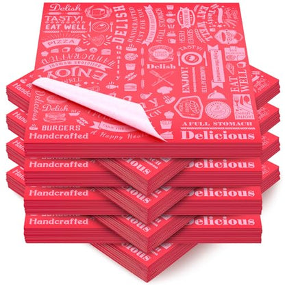 Outus 600 Pcs 12 x 12 Inch Deli Wax Paper Sheets Grease Resistant Tray Basket Liners Newsprint Paper Water and Grease Proof Sandwich Wrapping Square Hot Dog Wrappers for Food Baking (Red) - color: Red