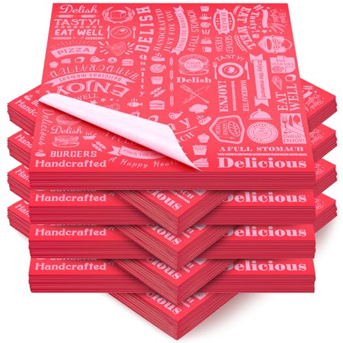 Outus 600 Pcs 12 x 12 Inch Deli Wax Paper Sheets Grease Resistant Tray Basket Liners Newsprint Paper Water and Grease Proof Sandwich Wrapping Square Hot Dog Wrappers for Food Baking (Red) - color: Red