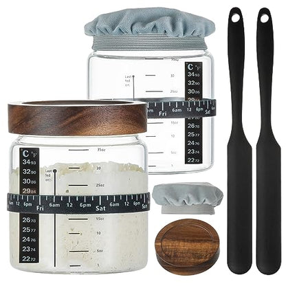 Wissy&Konny Sourdough Starter Jar 2Pack 35OZ with Ounce Scale Line,Date Marked Feeding Band, Thermometer, Sourdough Jar Scraper, Cloth Cover & Wood Lid, Wide Mouth for Sourdough Bread Baking - color: Wood Lids-2 Pack