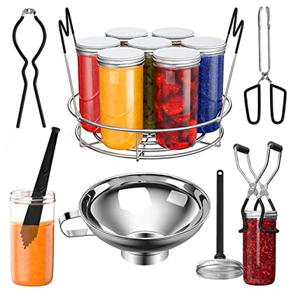 Pisol Canning Supplies Starter Kit, 7 Piece Canning Tools Set with Stainless Steel Rack, Wide Mouth Funnel, Kitchen Tongs, Jar Lifter, Magnetic Lid Lifter, jar Wrench, Bubble Popper - color: Black