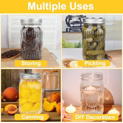 32 oz Wide Mouth Mason Jars with Lids and Bands, 6 Pack Quart Canning Jars, Embossed Glass Mason Jars for Centerpieces, Preserving, Pickling, Meal Prep, Jam, DIY Crafts
