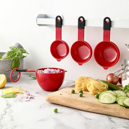 Spring Chef Red Magnetic Measuring Cups and Spoons Set of 9, Stackable Plastic Kitchen Gadget with Easy to Read Markings - Measure Dry or Liquid Ingredients for Baking & Cooking, BPA Free - color: Red