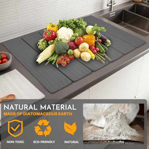 Large Stone Dish Drying Mat for Kitchen Counter, 23" × 15" Quick Dry Stone Mat, Collapsible Fast Absorbing Diatomaceous Earth Non-Slip Dish Drying Pad for Dishes & Cups (Dark Gray‌, 23" × 15") - color: Dark Gray‌