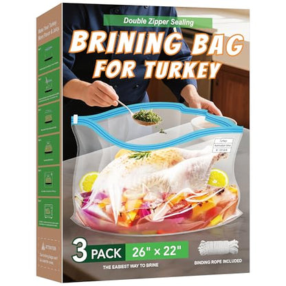3 Pack 26” x 22” Extra Large Brining Bags for Turkey with String | Double Zippers Turkey Brine Bags for Marinade, Steak, Chicken, Beef, Ham, Pork, , with Date Label - color: 3 pack
