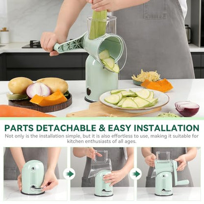 KEOUKE Rotary Cheese Grater 5 in 1 Green - Hand Crank Vegetable Cutter, Shredder, Slicer, Enlarge Input, Suction Base, Labor-Saving Handle, Blade Storage Box, for Onion, Potato, Vegetable, Nuts, etc - color: Green