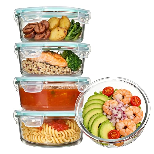 Vtopmart 5Pack 22oz Glass Storage Containers with Lids, Glass Meal Prep Food Container Sets with Snap Airtight Lid for Microwave, Oven, Freezer and Dishwasher, Green, Round - color: Green, size: 22oz-Round