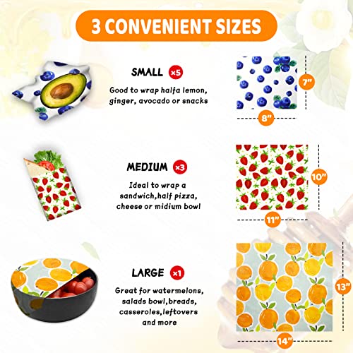 Reusable Beeswax Wrap - 9 Pack, Beeswax Wraps for Food, Eco-Friendly Beeswax Food Wrap, Organic, Sustainable, Biodegradable, Zero Waste, Plastic-Free Food Storage (Orange | Strawberry | Blueberry) - size: 1L Orange | 3M Strawberry | 5S Blueberry