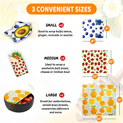 Reusable Beeswax Wrap - 9 Pack, Beeswax Wraps for Food, Eco-Friendly Beeswax Food Wrap, Organic, Sustainable, Biodegradable, Zero Waste, Plastic-Free Food Storage (Orange | Strawberry | Blueberry) - size: 1L Orange | 3M Strawberry | 5S Blueberry