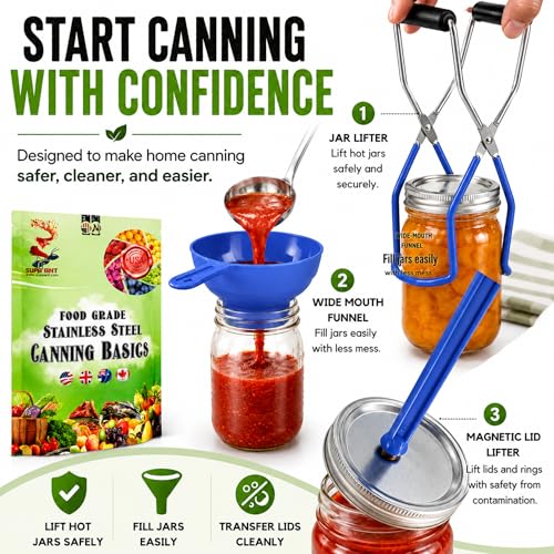 Supa Ant Canning Supplies Starter Kit (Food Grade) - Canning Kits Set for Beginners - 3 Pcs. Including Wide Mouth Jar Funnel, Magnetic Lid Lifter, Stainless Steel Jar Lifter (Assembled in USA) Blue - color: Blue