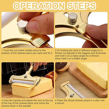 Boao Cheese Slicer with Wire Adjustable Thickness Cheese Cutter Handheld Stainless Steel for Soft Semi Thick Thin Hard Slicer for Kitchen Cooking Tools(Gold) - color: Gold