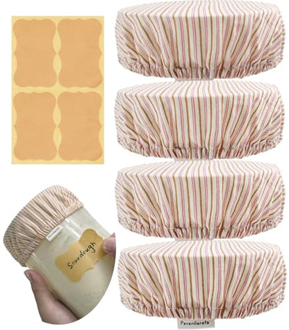 Sourdough Jar Cover Reusable Cloth Lid for Sour Dough Starter Jar, 4Pack Cotton Bread Fermentation Container Tops Elastic Fabric Caps for Weck Mason Kombucha Jars 3-4 Inches, Pink Striped - style: Pink Striped Cotton