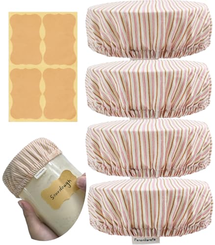 Sourdough Jar Cover Reusable Cloth Lid for Sour Dough Starter Jar, 4Pack Cotton Bread Fermentation Container Tops Elastic Fabric Caps for Weck Mason Kombucha Jars 3-4 Inches, Pink Striped - style: Pink Striped Cotton