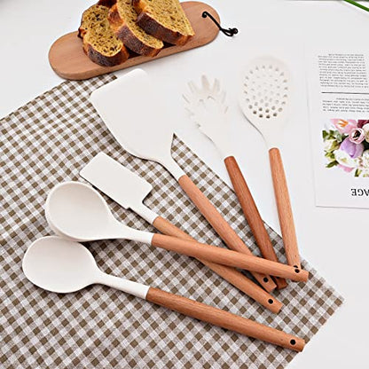 11pcs Silicone Cooking Utensils Spatula Set with Wooden Handle, White Kitchen Gadgets Set for Nonstick Cookware, Include Holder Storage Bucket. - color: Utensil Set