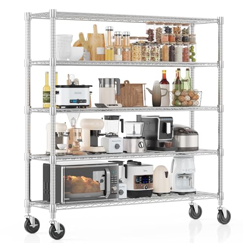 Homdox 5 Tier Heavy Duty Metal Wire Shelving with Wheels, 3000 lbs Capacity Garage Storage Rack, Rolling Industrial Storage, Adjustable Commercial Shelves for Kitchen, Warehouse, 18"x60"x82", Chrome - color: Silver, size: 18"x60"x82"