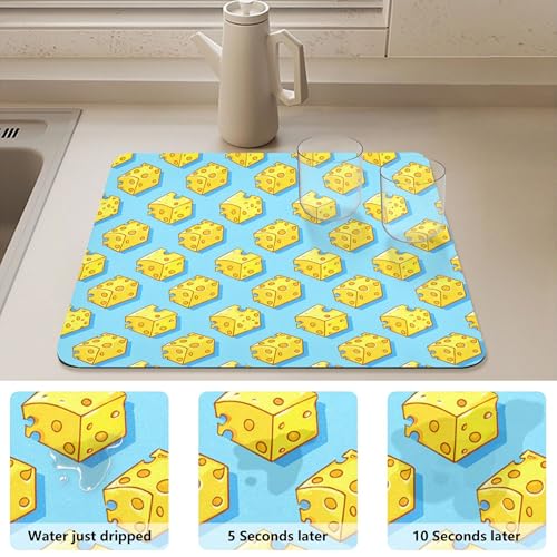 Cartoon Cheese Dish Drying Mat,20x16 inch, Water Absorbent Microfiber Dish Drying Pad for Countertops,Sinks,Draining Racks - size: 19.7x15.7inch