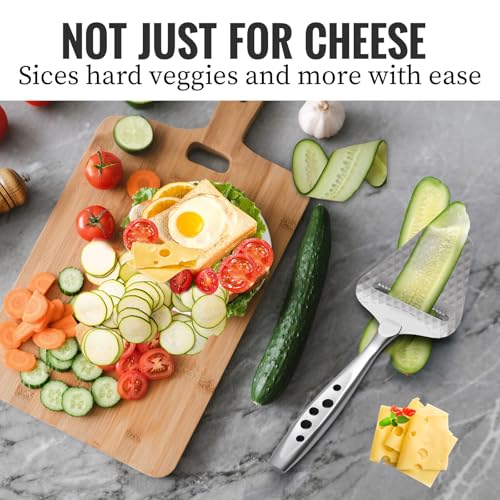 Premium Cheese Slicer – Effortless Slicing for All Cheese Types – Multi-Functional Cheese Cutter - Stainless Steel Cheese Plane – Quilted Pattern Reduces Resistance, Non-Stick, Ergonomic Handheld Grip