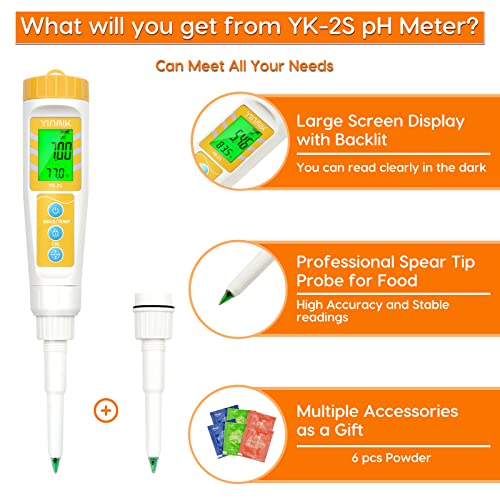 YINMIK Food pH Meter with Extra pH Replaceable Probe,Digital pH Tester for Sourdough and Bread,Food pH Tester for Meat,Canning,Cheese,Solid Samples, Soft Soil and Water… - color: Yellow New Food pH Meter