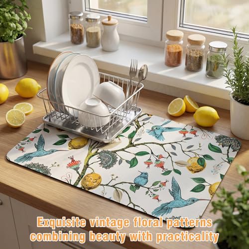 LemonRoad Dish Drying Mat for Kitchen Counter, 12"x20" Absorbent Coffee Bar Mat with Hummingbird Lemon Tree, Diatomite Drainer Drying Mats with Non-slip Backing for Kitchen Sink Countertop - style: Hummingbird Lemon Tree