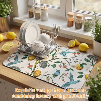 LemonRoad Dish Drying Mat for Kitchen Counter, 12"x20" Absorbent Coffee Bar Mat with Hummingbird Lemon Tree, Diatomite Drainer Drying Mats with Non-slip Backing for Kitchen Sink Countertop - style: Hummingbird Lemon Tree