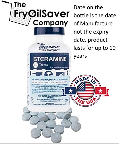 1 Bottle Steramine Sanitizer Tablets w/15x QT-10 Test Strips - Multi Purpose Steramine Sanitizing Tablets for Food Contact Surface, Kitchen, Restaurant & Commercial Use by FryOilSaver (150 Count)