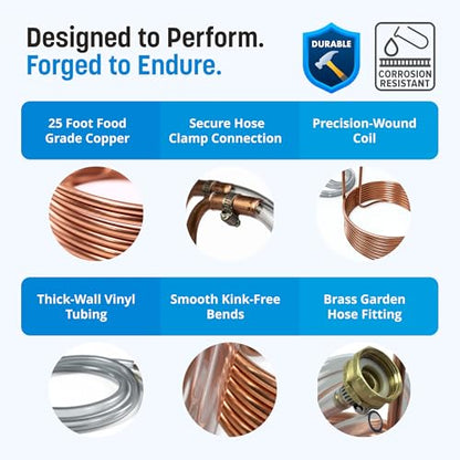 Coldbreak 25Ft. Wort Chiller with Copper Coil - Compact and Basic Immersion Beverage Chiller and Beer Brewing Equipment - 2pcs of 4Ft. Vinyl Tubings with Garden Hose Fitting and Hose Clamps Included - size: 25'