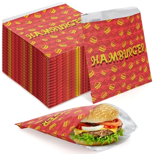 Yarlung 200 Pack Hamburger Bags, Grease-proof Burger Wrappers Paper Warming Foil Retain Heat, Disposable Takeout Food Sleeves for Popcorn Hot Sandwiches, BBQ Party Snack Bar