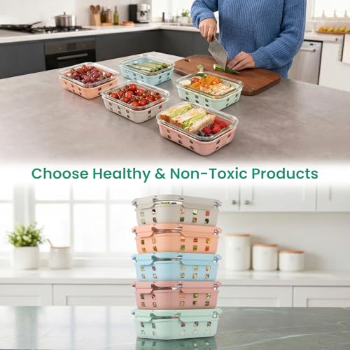GENICOOK Glass Meal Prep Containers 5 Pack, 4.4 Cup Airtight Leakproof Lids, Borosilicate Glass Food Storage Containers, Microwave Oven Freezer Safe, BPA Free Lunch Containers - color: Bright color