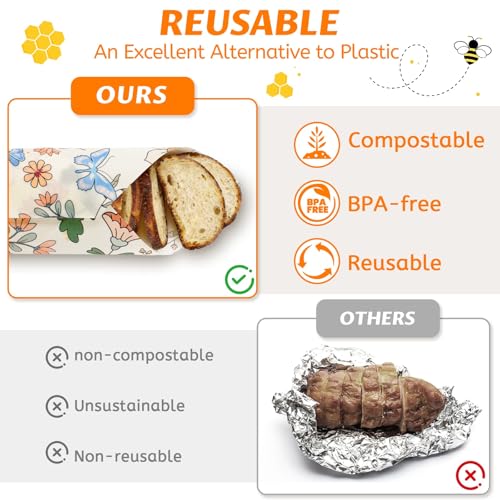 9 Pack Beeswax Wraps for Food – Reusable Beeswax Bread Bag & Sandwich Wrap | Organic & Eco-Friendly,Sustainable Bees Paper,Retain Freshness,Perfect Alternative to Aluminum Foil Sourdough Storage - color: 9 Pack（Flower）