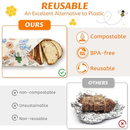 9 Pack Beeswax Wraps for Food – Reusable Beeswax Bread Bag & Sandwich Wrap | Organic & Eco-Friendly,Sustainable Bees Paper,Retain Freshness,Perfect Alternative to Aluminum Foil Sourdough Storage - color: 9 Pack（Flower）