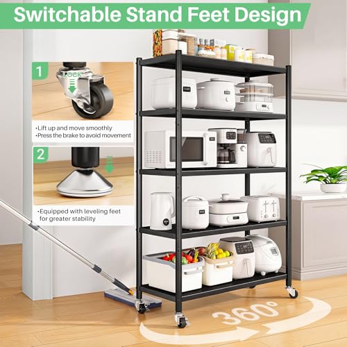 PXRACK Metal Shelving for Storage, 5 Tier Adjustable Kitchen Storage Shelves with Wheels, Shelving Unit Bookshelf Utility Shelf Metal Storage Rack for Garage Pantry Closet Laundry, 35.8"x13"x59.65" - size: 35.8"L x 13"W x 59.65"H