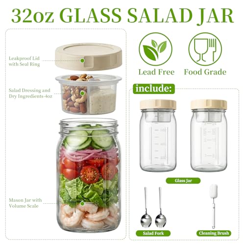 4 Pack Glass Salad Jars with Lids Meal Prep, 32oz Meal Prep Glass Salad Jars with 4 Stainless Steel Forks Wet/Dry Dressing Cups for Home, Office and Outdoor, 32oz Mason Jars