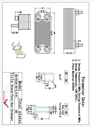 Brazed 40-Plate Heat Exchanger and Wort Chiller,40 Plates Copper Brazed Wort Chiller,Stainless Steel Beer Chiller,R 1/2" X RC 1/2" X Gas Type Fitting 12.8mm