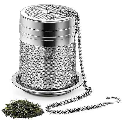 Yoassi Tea Infusers for Loose Tea, Extra Fine Mesh Tea Strainers, 18/8 Stainless Steel Loose Leaf Tea Steeper Tea Diffusers with Extended Chain Hook and Drip Tray 1 Pack - size: Barrel 1 Pack